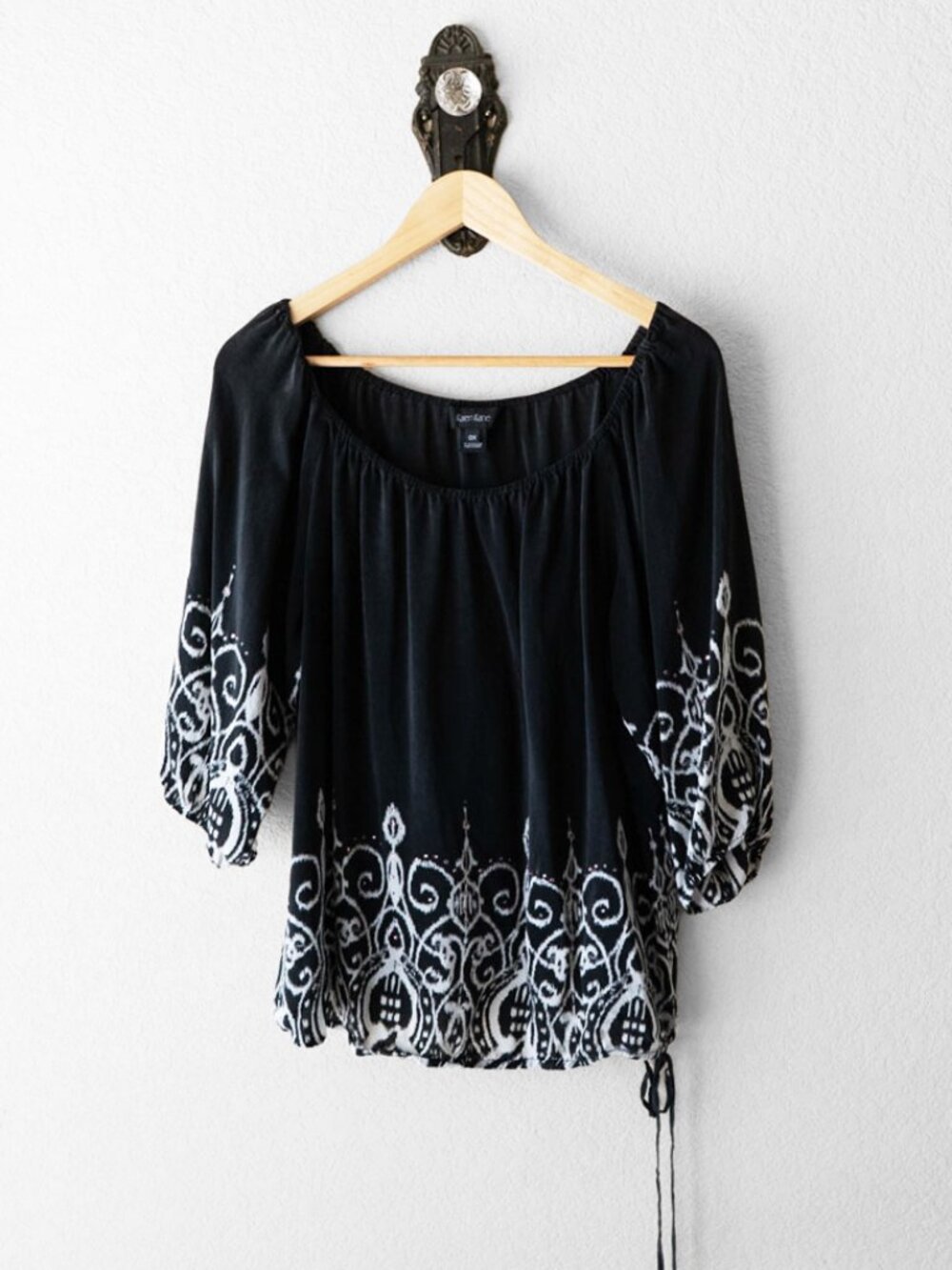 Karen Kane Silk Blouse Womens 0X Black White Embroidered Peasant Boho Rhinestone